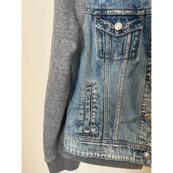 American Eagle Outfitters Size L Hooded Denim Jean Jacket Grey Sweatshirt Sleeve - Picture 3 of 7